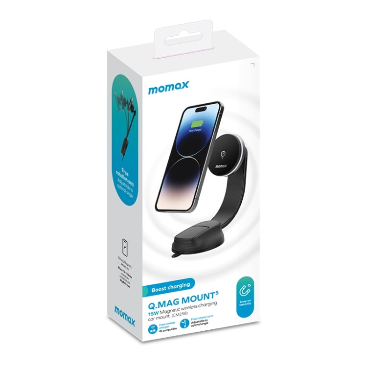 MOMAX CM25B Magnetic Wireless Charger Car Suction Cup Phone Holder