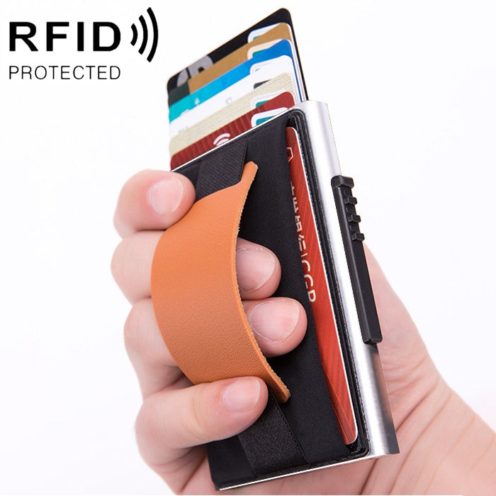 X-32C Automatically Pop-up Card Type Anti-magnetic RFID Anti-theft Men Aluminum Alloy A Dial Button Elastic Bag Wallet with PU Leather Strap, X-32C A Dial Button Black, X-32C A Dial Button Silver