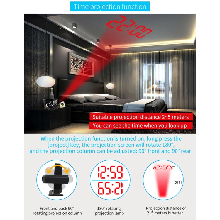 TS-9210 Digital Mirror Projection Alarm Clock With FM Radio & Temperature Humidity