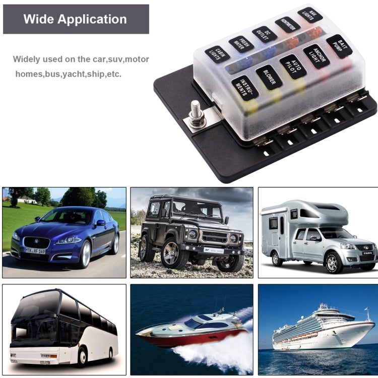 1 in 10 Out Fuse Box PC Terminal Block Fuse Holder Kits with LED Warning Indicator for Auto Car Truck Boat