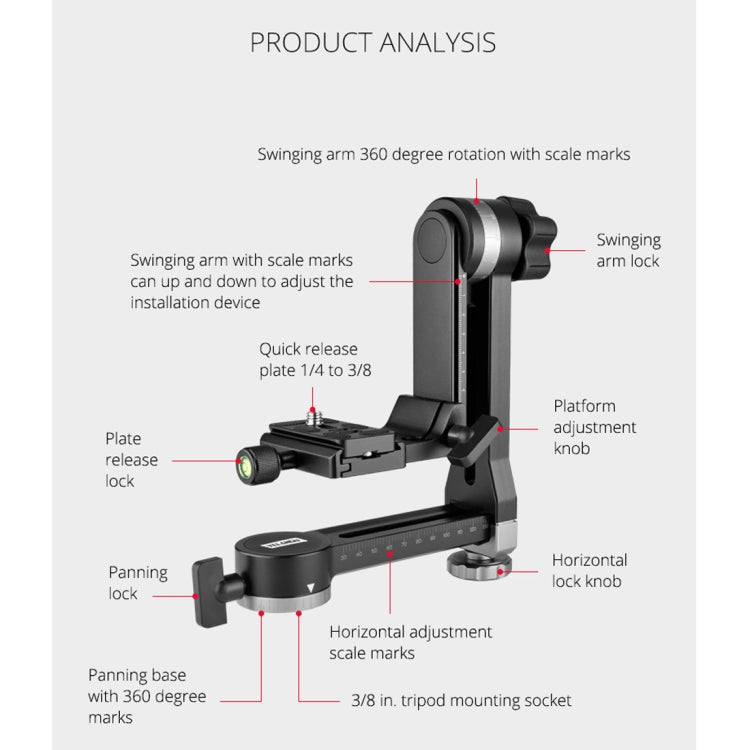 YELANGU A171 YLG0401E-C 360 Degree Rotation Horizontal Cantilever Gimbal Tripod Head for Home DV and SLR Cameras