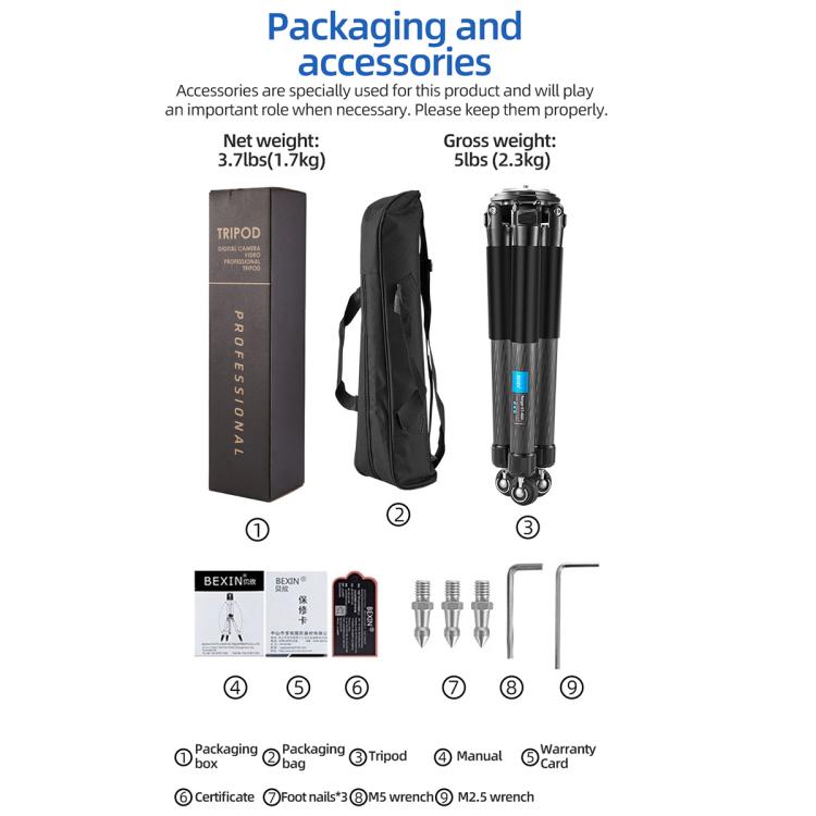 BEXIN ST402C Portable Collapsible Carbon Fiber Camera Tripod