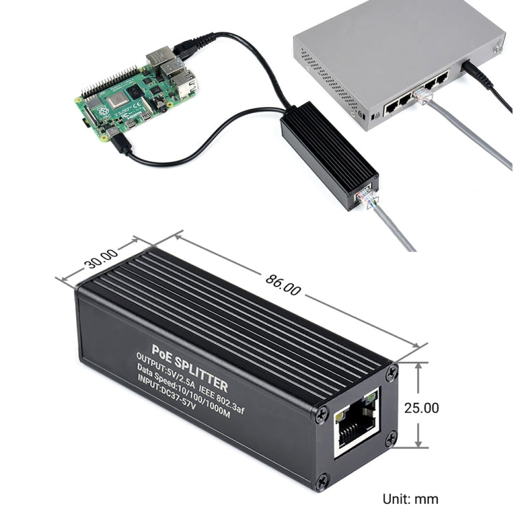 Waveshare Metal Case Gigabit PoE Splitter, 5V 2.5A Type-C Out