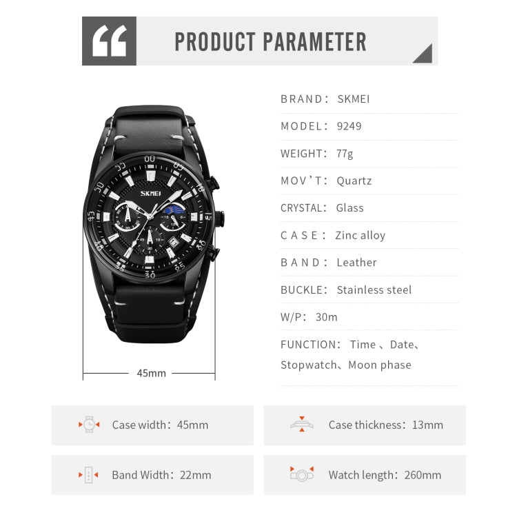 SKMEI 9249 Men Moonphase Calendar Stopwatch Leather Strap Quartz Watch