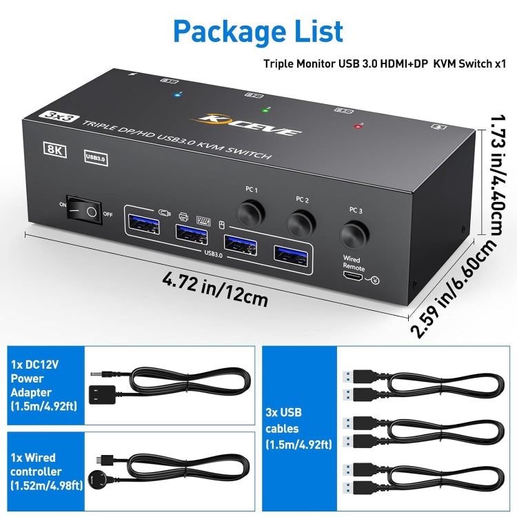 KC-KVM303DH 8K 60Hz USB3.0 DP+DP+HDMI Triple Monitors KVM Switch
