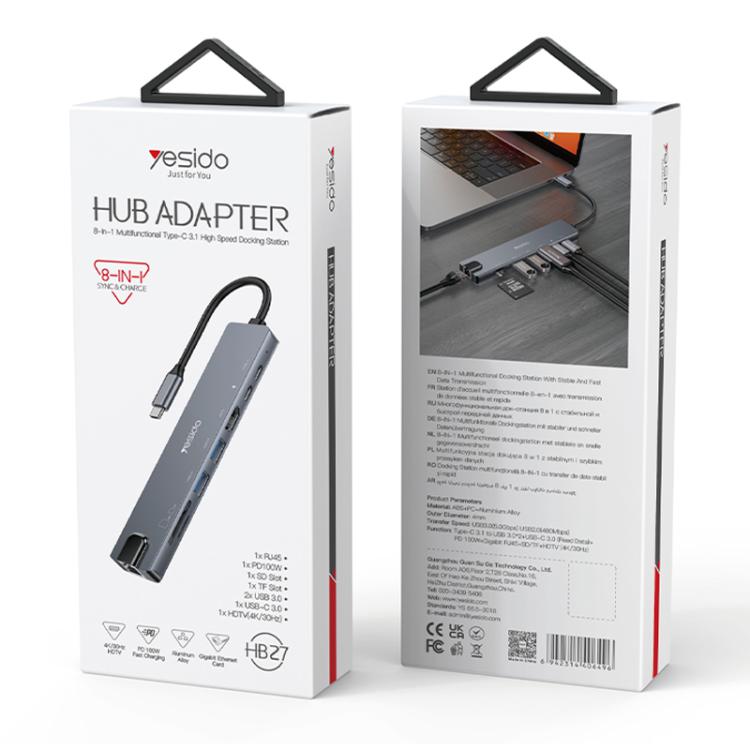 Yesido HB27 8 in 1 Type-C 3.1 Multifunctional HUB Adapter Docking Station