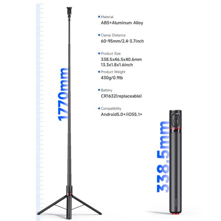 TT01 1.77m All-in-one Auto Pop Open Tripod Magnetic Remote Selfie Stick