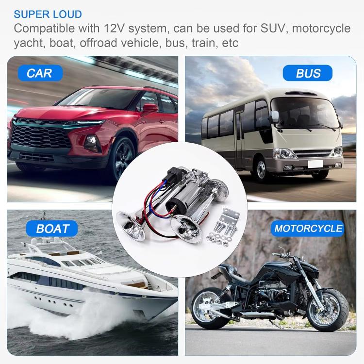 12V / 24V 600dB Car / Truck 3-Trumpet Super Loud Electric Horn, with M6 Air Nozzle and Leather Hose
