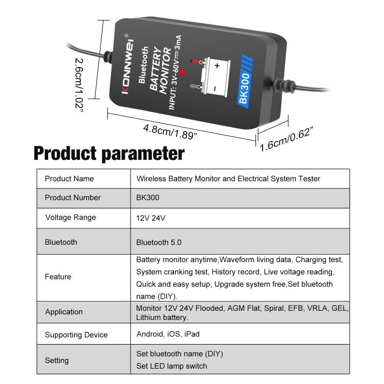 KONNWEI BK300 6V / 12V / 24V Car Bluetooth 5.0 Battery Monitor Diagnostic Tool