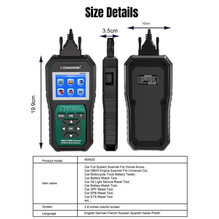 KONNWEI KW420 2.8 inch Color Screen Car OBD2 Fault Diagnostic Scan Tool for Honda
