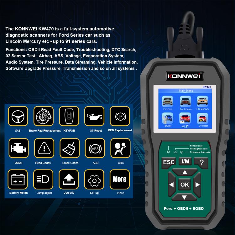 KONNWEI KW470 2.8 inch Color Screen Car OBD2 Fault Diagnostic Scan Tool for Ford