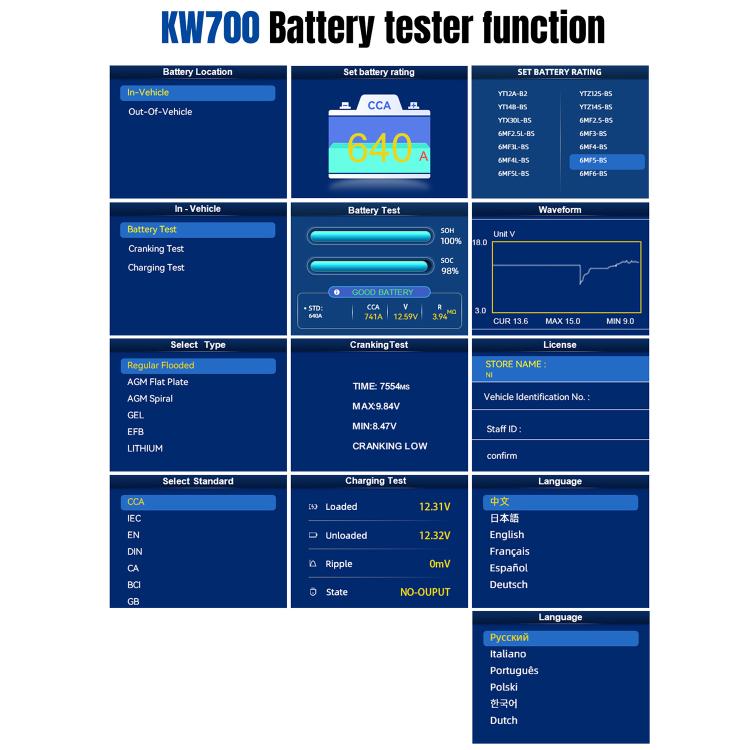 KONNWEI KW700 12V / 24V 2.8 inch Color Screen Car Battery Tester with Printer