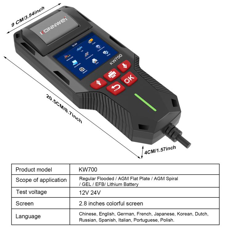 KONNWEI KW700 12V / 24V 2.8 inch Color Screen Car Battery Tester with Printer