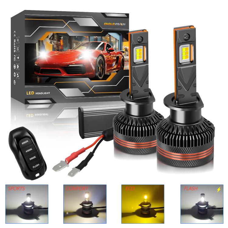 2pcs/Pack 60W 8000LM 6000K Three Color Remote Control Car LED Headlight Bulb