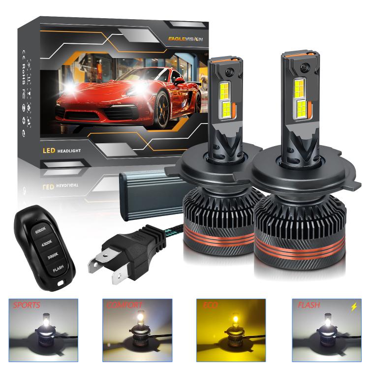 2pcs/Pack 60W 8000LM 6000K Three Color Remote Control Car LED Headlight Bulb
