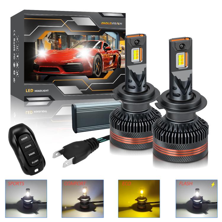 2pcs/Pack 60W 8000LM 6000K Three Color Remote Control Car LED Headlight Bulb