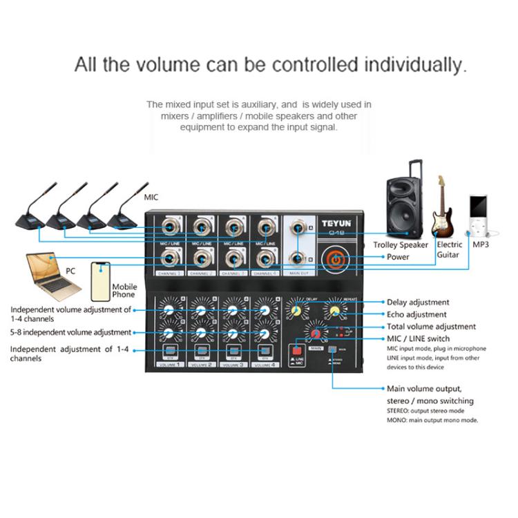 TEYUN Q48 8-Channels Microphone Audio Mixer