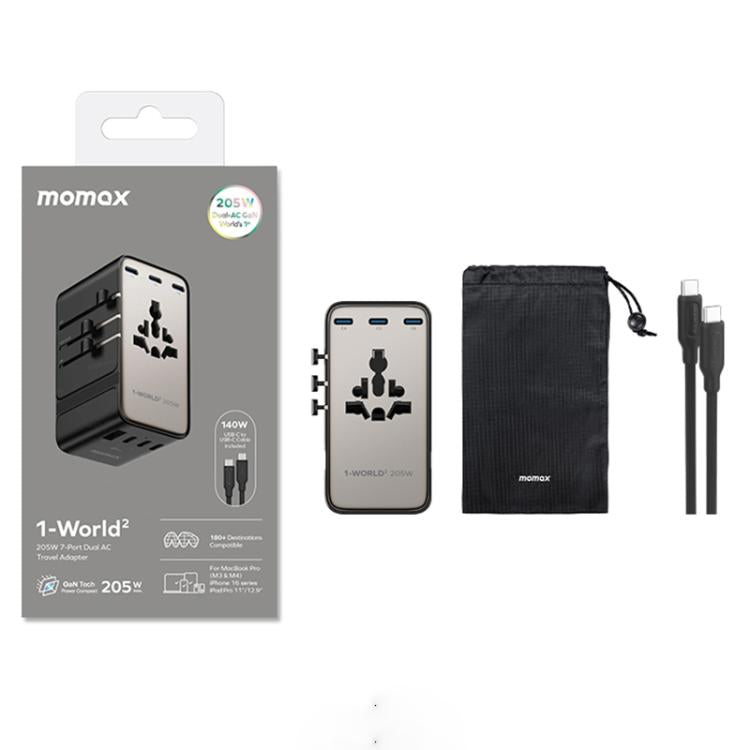 MOMAX UA28L 1-World 2 205W Dual AC 7-Port Universal Travel GaN Charger with 140W Cable
