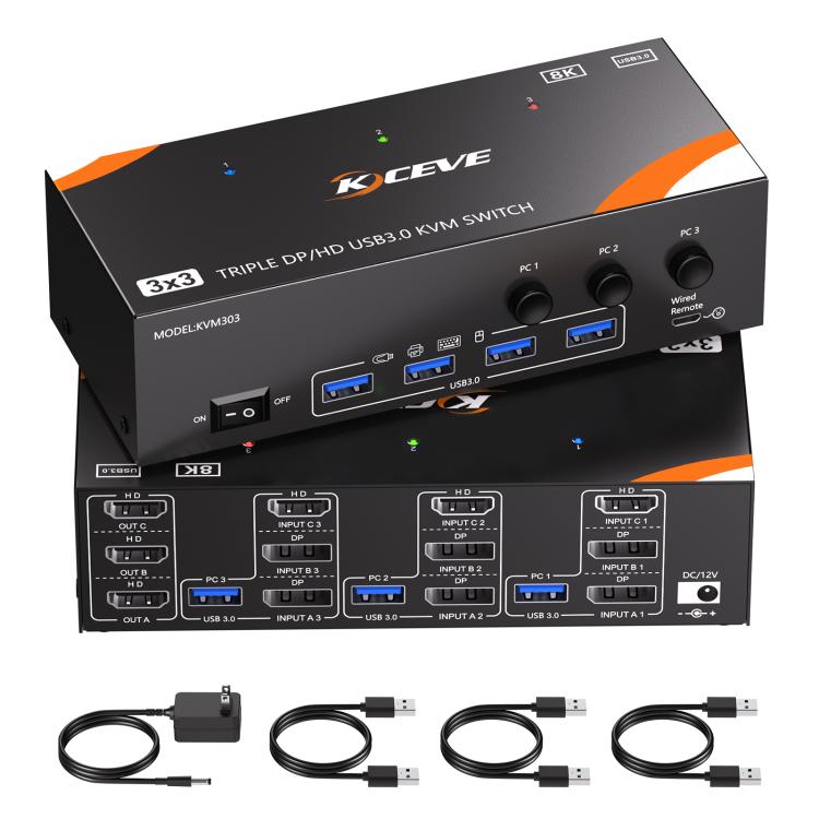 KCEVE KC-KVM303 USB 3.0 Dual Monitor 8K 60Hz KVM Switch