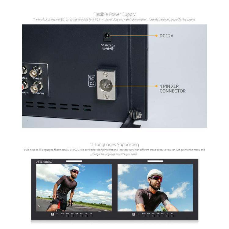 FEELWORLD D101 PLUS-H Dual 10.1 inch 4RU Rackmount Monitor 4K HDMI-compatible CVBS 1920x1200 IPS Screen