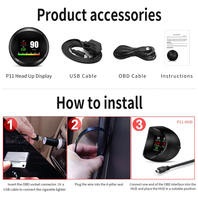 P11 OBD2 + GPS Mode Car HUD Head-up Display Water Temperature / Vehicle Speed / Voltage / Fuel Consumption Display, Speed Alarm