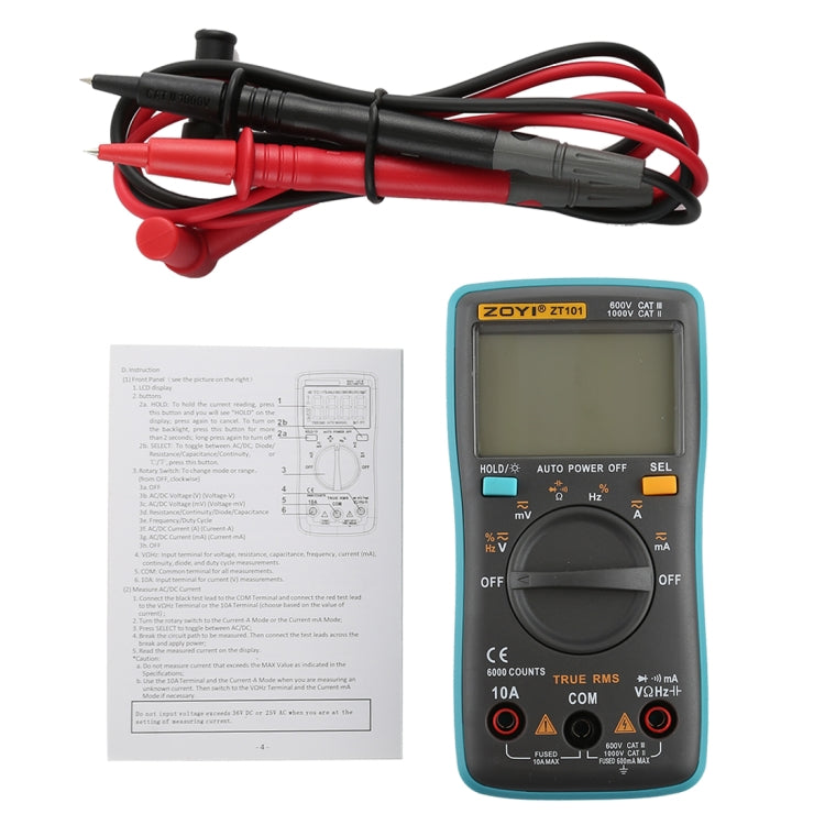 ZOYI ZT101 600V CAT III / 1000V CAT II 6000 Counts Portable Digital Multimeter AC / DC Current Voltage Tester Meter with Back-light LCD Screen & Holder