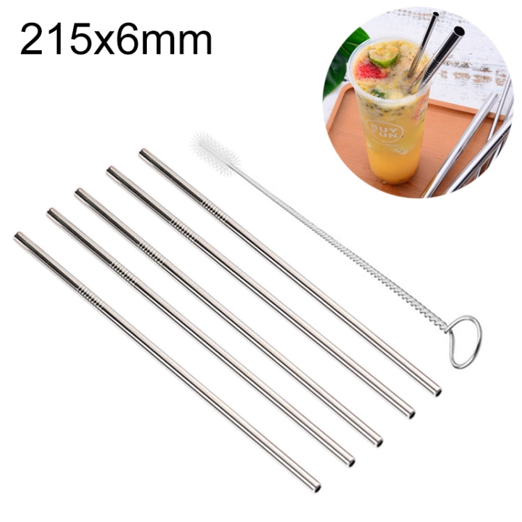 5pcs Reusable Stainless Steel Straight Drinking Straw + Cleaner Brush Set Kit, 215*6mm