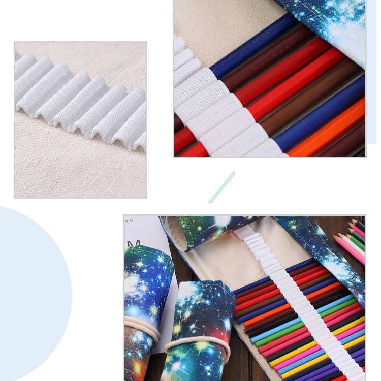36 Slots Cosmic Galaxy Print Pen Bag Canvas Pencil Wrap Curtain Roll Up Pencil Case Stationery Pouch