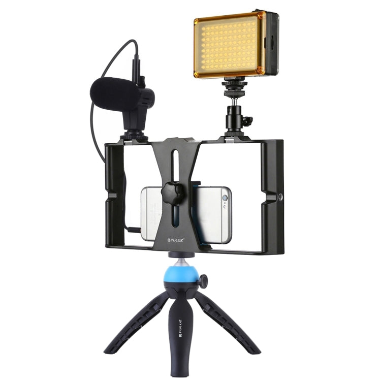 PULUZ 4 in 1 Vlogging Live Broadcast LED Selfie Light Smartphone Video Rig Kits with Microphone + Tripod Mount + Cold Shoe Tripod Head for iPhone, Galaxy, Huawei, Xiaomi, HTC, LG, Google, and Other Smartphones