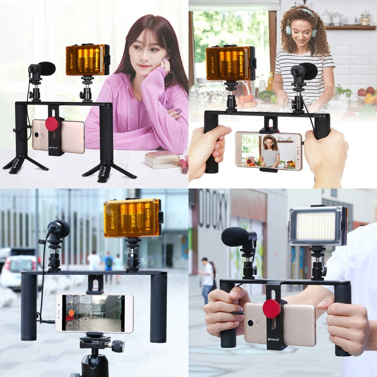 PULUZ 4 in 1 Vlogging Live Broadcast LED Selfie Light Smartphone Video Rig Handle Stabilizer Aluminum Bracket Kits with Microphone + Tripod Mount + Cold Shoe Tripod Head