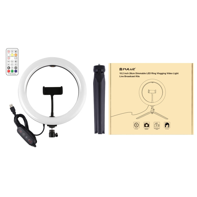 PULUZ 10.2 inch 26cm Marquee LED RGBWW Selfie Beauty Light + Desktop Tripod Mount 168 LED Dual-color Temperature Dimmable Ring Vlogging Photography Video Lights with Cold Shoe Tripod Ball Head & Remote Control & Phone Clamp