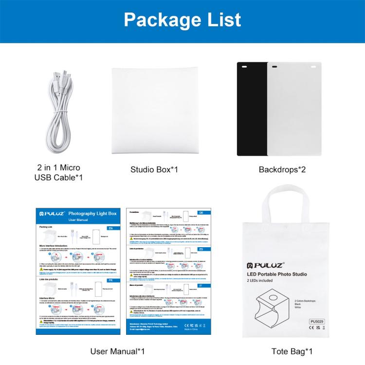 PULUZ 20cm Include 2 LED Panels Folding Portable 1100LM Light Photo Lighting Studio Shooting Tent Box Kit with 2 Colors Backdrops (Black, White), Unfold Size: 24cm x 23cm x 23cm