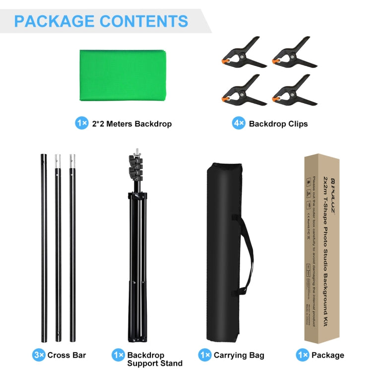 PULUZ 2x2m T-Shape Photo Studio Background Support Stand Backdrop Crossbar Bracket Kit with Clips