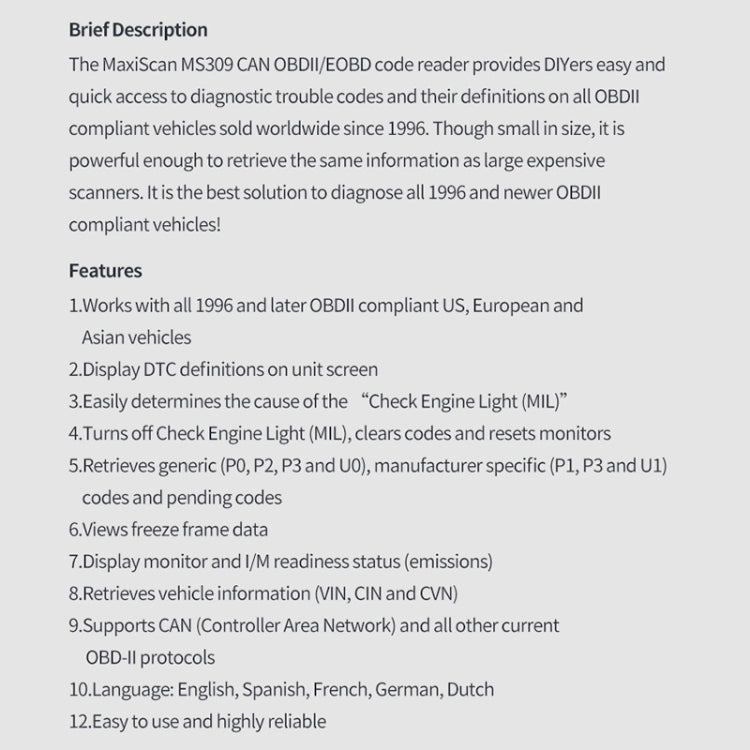 MS309 OBDII / EOBD Fault Coder Reader