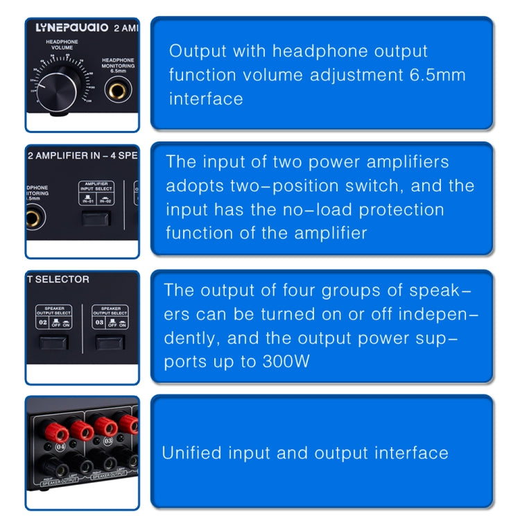 B032 2-in 4-out Power Amplifier Sound Switcher Speaker Lossless Sound Quality 300W Per Channel Switch Distributor Comparator with Headset Monitoring Function / Audio Input