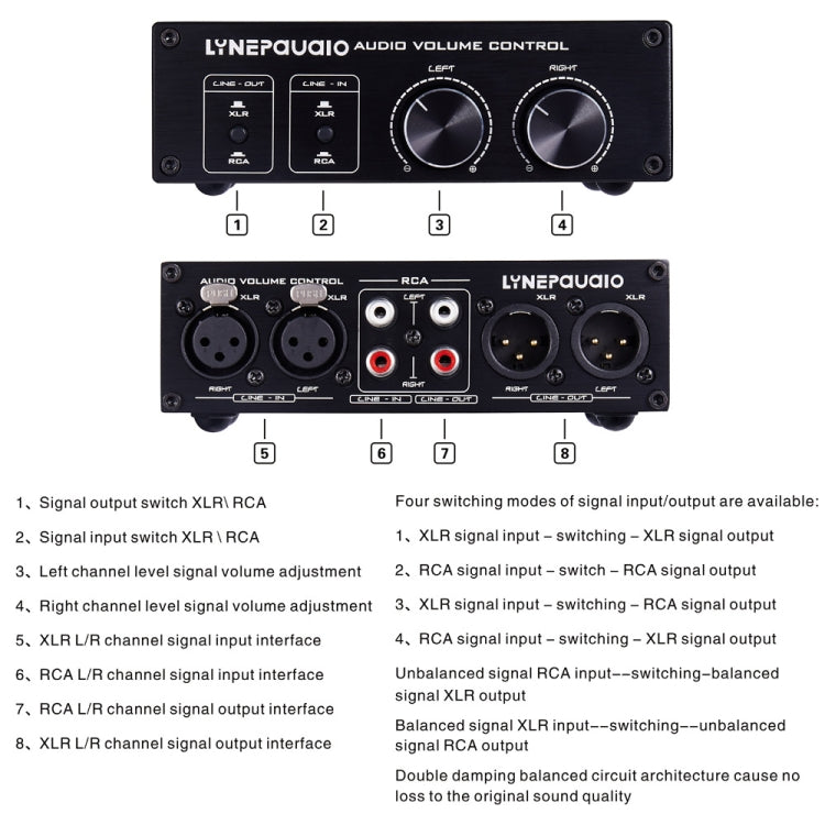 2 In and 2 Out Switcher Volume Controller, RCA signal switches to XLR balanced signal and no need for power supply. It provides RCA and XLR interfaces, independent L/R channel volume adjustment, which is suitable for devices with volume adjustment need