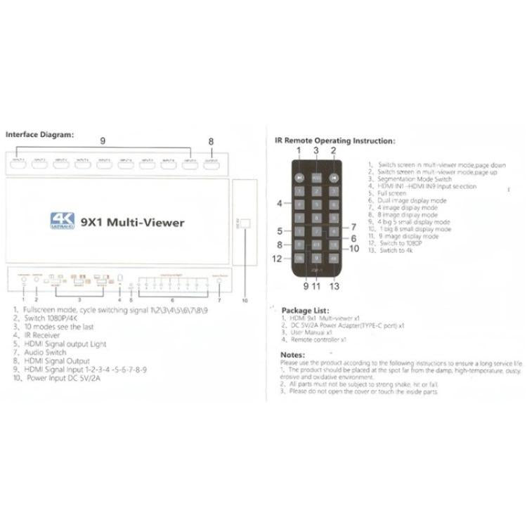 JQF1 9 in 1 Out Switch Adapter Screen Splitter 4K HDMI Multi Viewer Switcher