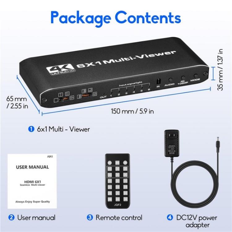 JQF2 4K Seamless Switcher Screen Splitter Multiple Display Modes 6 in 1 Out HDMI Multiviewer