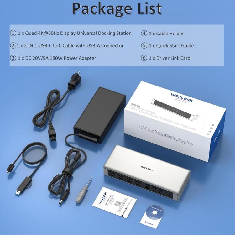 WAVLINK UG69PD12 DisplayLink Docking Station Quad Monitors For Laptops M1 / M2 / Mac & Windows