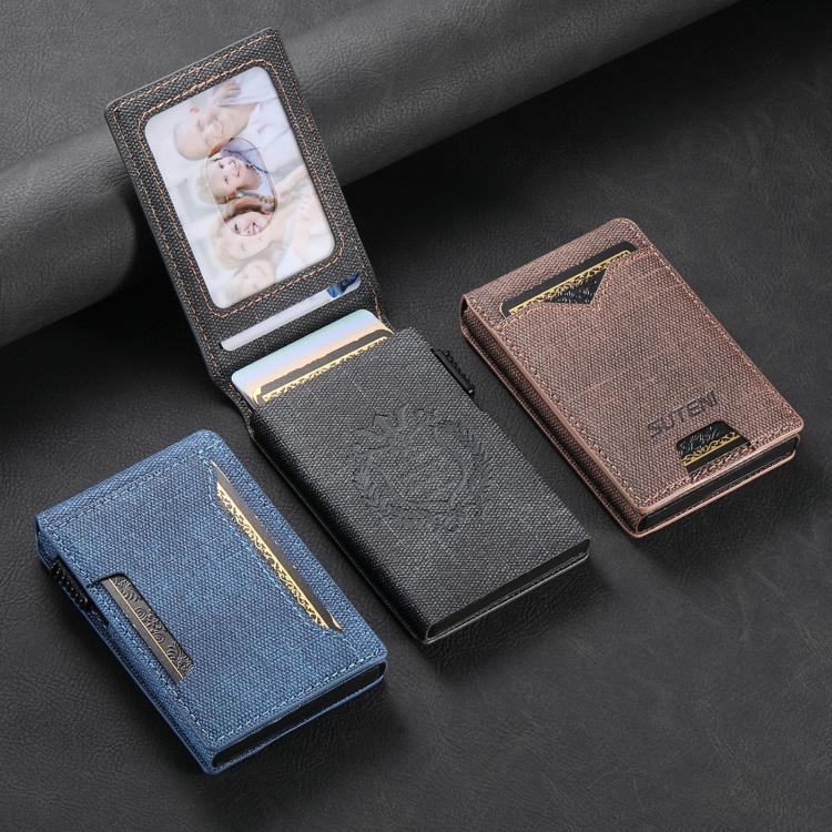 The Suteni denim pattern button automatically pops out the veneered printed card box