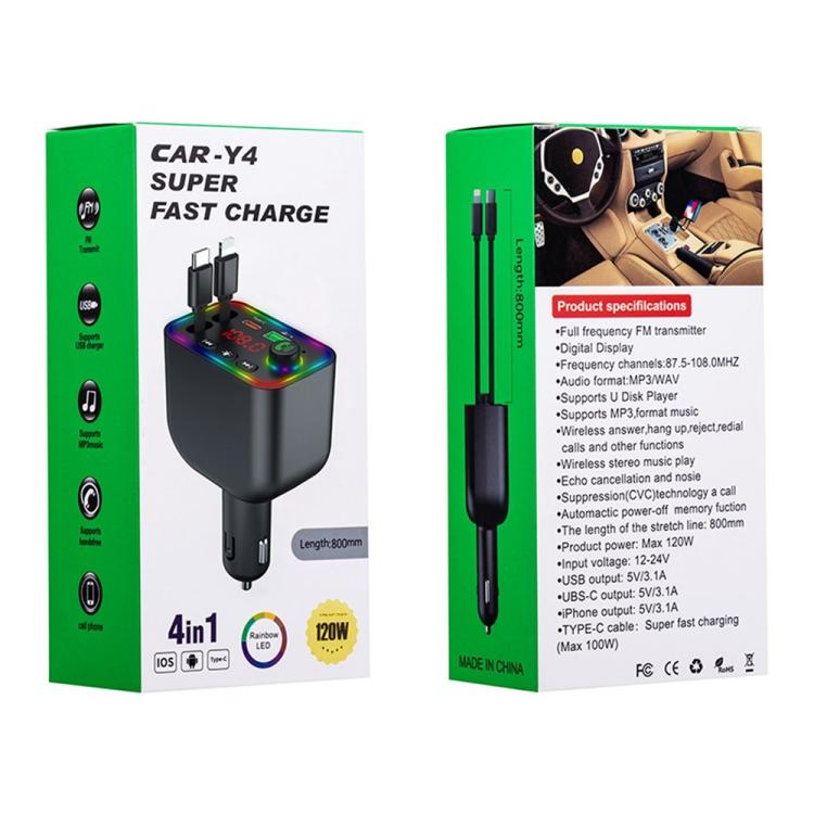 Y4 Retractable Cable Super Fast Charging Car Charger Bluetooth-Compatible MP3 Player