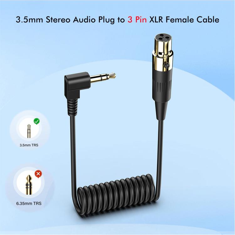 JUNSUNMAY 3.5mm Stereo Male to 3 Pin XLR Female Mixer Spring Extension Adapter Cable, Length: 0.5m, 3.5mm Stereo Male to 3 Pin XLR Female