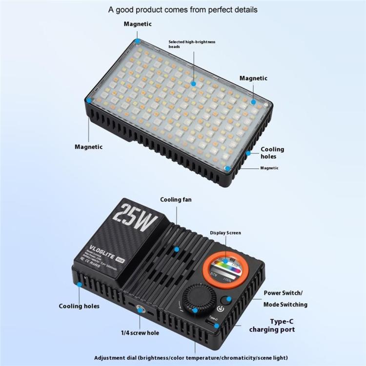 VLOGLITE K25RGB For Camera Photography Pocket Video Light 25W High Power RGB Fill Light