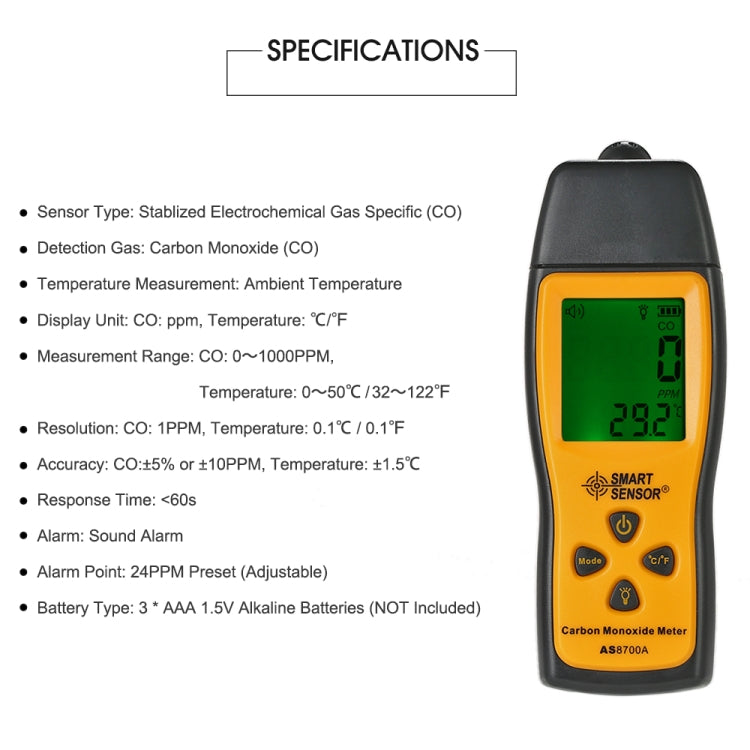 Smart Sensor AS8700A Handheld Carbon Monoxide Meter High Precision Digital CO Leak Detector Analyzer, Sound Light Alarm, Range: 0-1000ppm