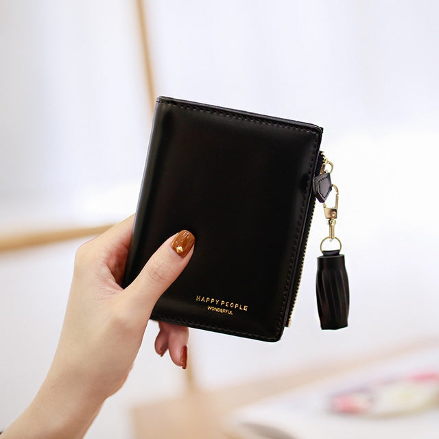 Brief Design Bifold Tassel Women Wallet PU Leather Short Credit Card Holder Purse