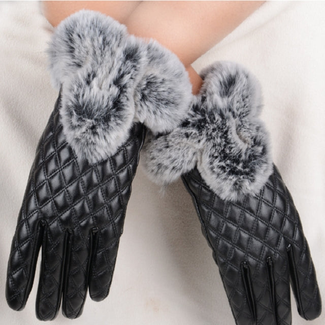 Women PU Leather Gloves Imitated Rabbit Fur Thick Warm Winter and Autumn Female Gloves