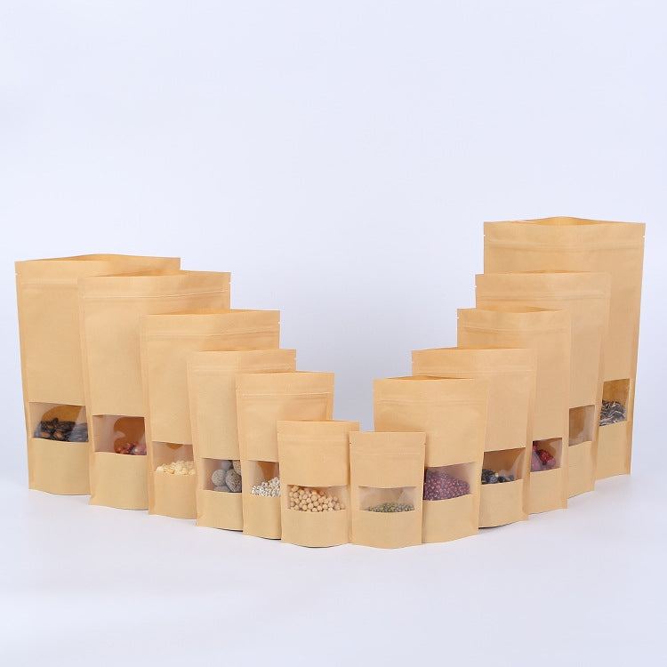 50 PCS Zipper Self Sealing Kraft Paper Bag with Window Stand Up for Gifts/Food/Candy/Tea/Party/Wedding Gifts, 9x14+3cm, 10x15+3cm, 12x20+4cm, 14x20+4cm, 14x22+4cm, 16x22+4cm, 16x26+4cm, 17x24+4cm, 18x26+4cm, 20x30+5cm, 23x35+5cm, 30x40+6cm