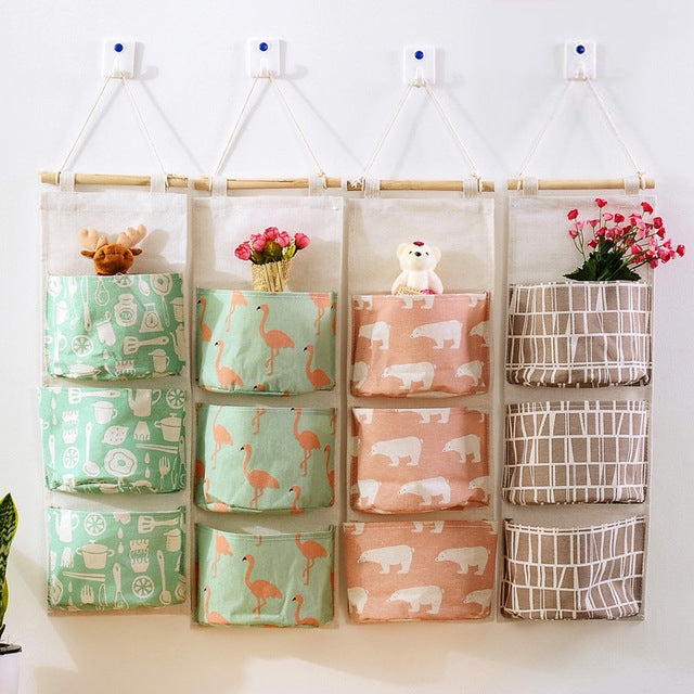 Cotton Linen Hanging Storage Bag 3 Pockets Wall Mounted Wardrobe Hang Bag Wall Pouch Cosmetic Toys Organizer
