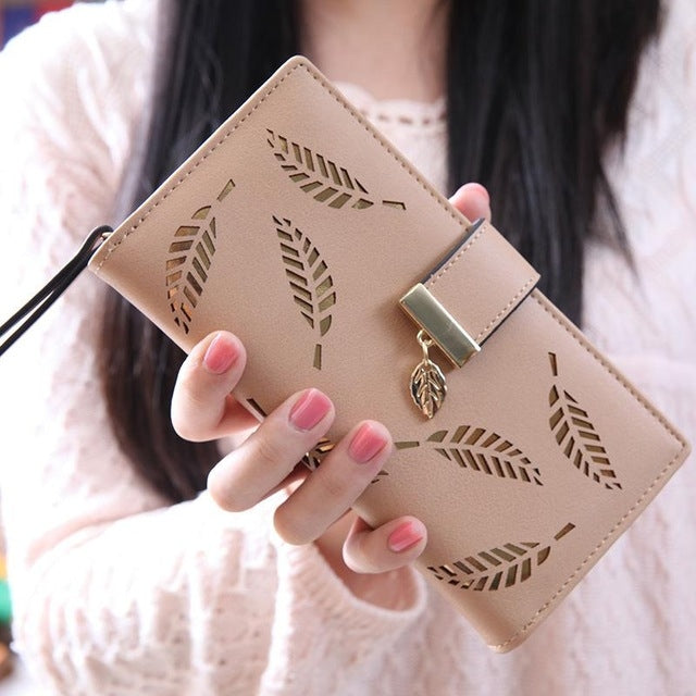 Long Gold Hollow Leaves Coin Purse Card Holders Wallet for Women