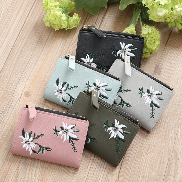 Embroidery Short Wallet PU Leather Wallets Female Floral Hasp Coin Purse Zipper Bag Card Holders